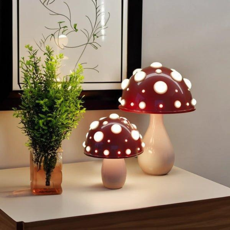 Mushroom-inspired LED table lamp set with warm dimmable glow, featuring wired and wireless versions