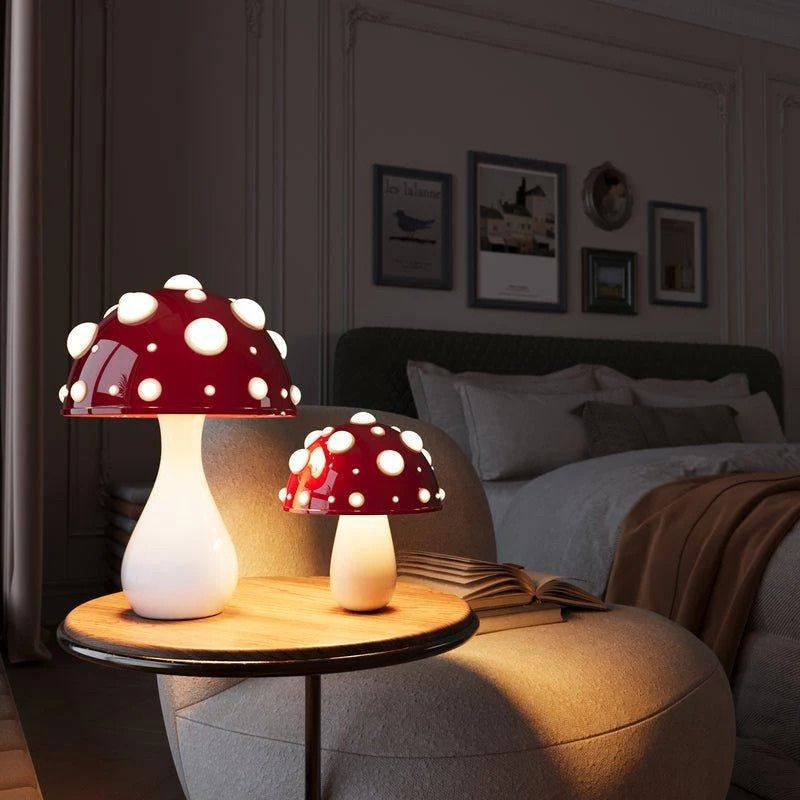 Mushroom-inspired LED table lamp set with warm dimmable glow, featuring wired and wireless versions