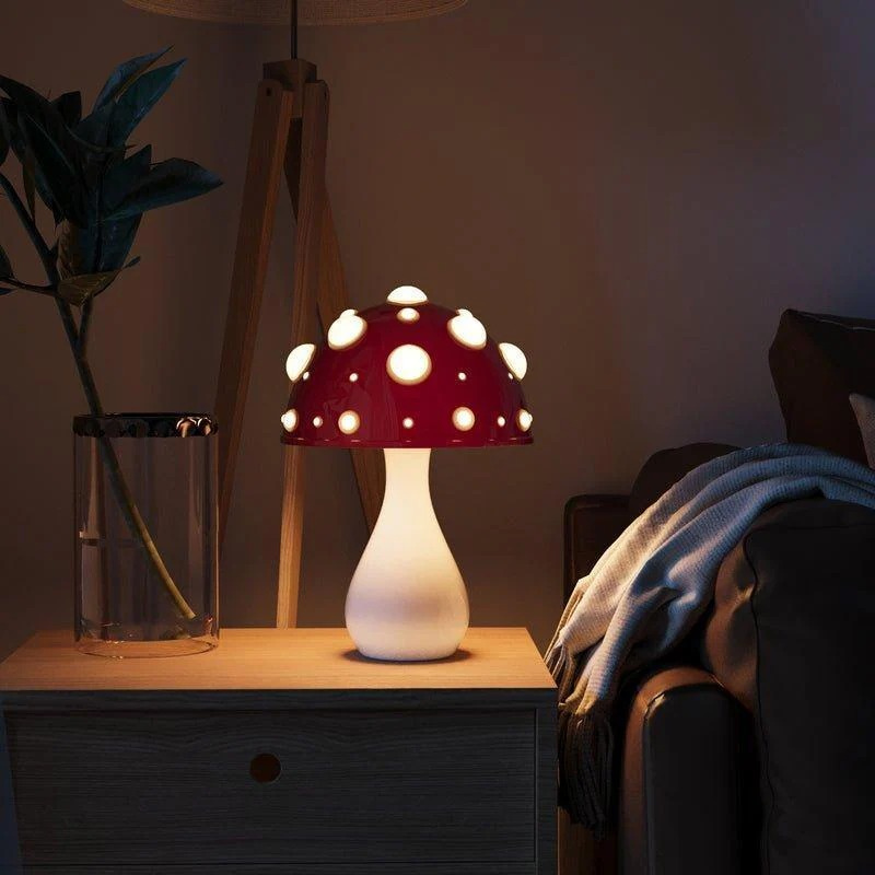 Mushroom-inspired LED table lamp set with warm dimmable glow, featuring wired and wireless versions