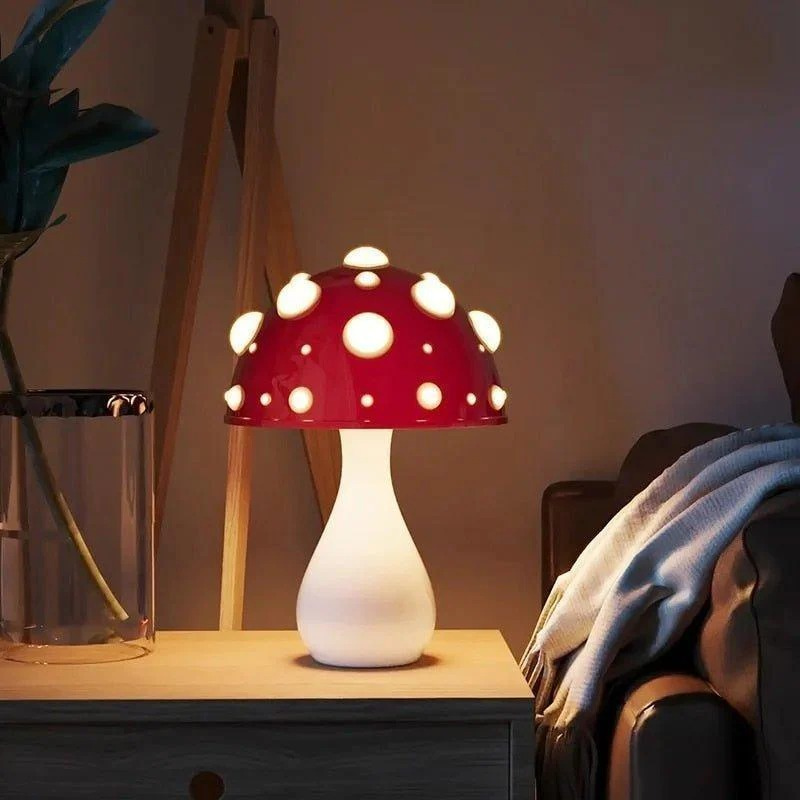 Mushroom-inspired LED table lamp set with warm dimmable glow, featuring wired and wireless versions