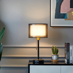 Vintage table lamp with double fabric shade and warm diffused light