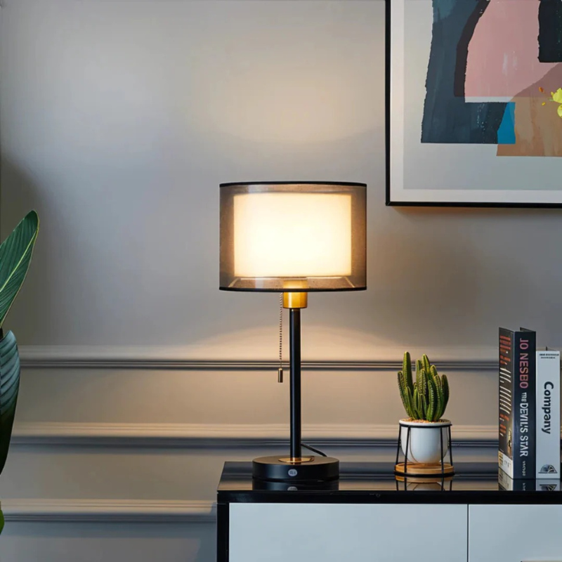Vintage table lamp with double fabric shade and warm diffused light