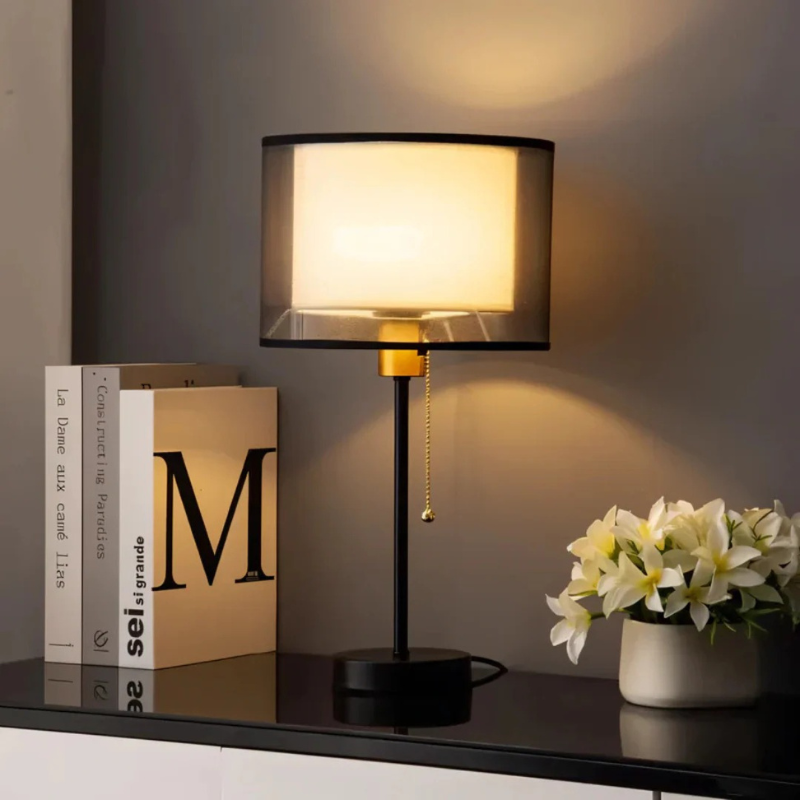 Vintage table lamp with double fabric shade and warm diffused light