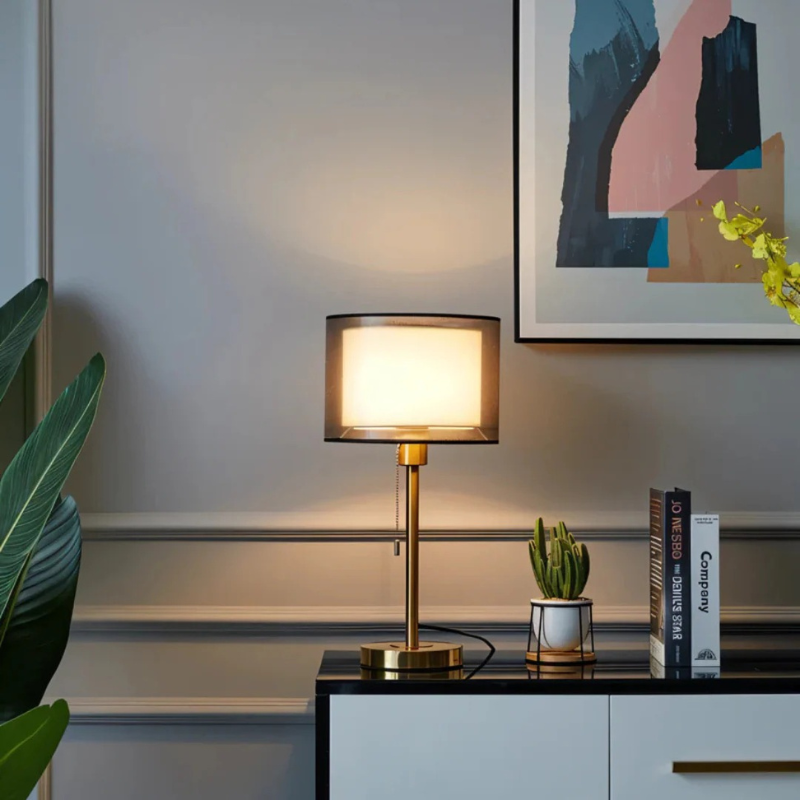 Vintage table lamp with double fabric shade and warm diffused light