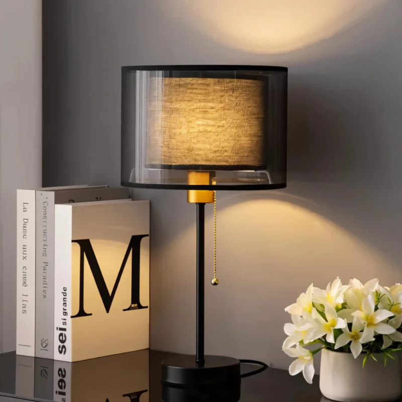 Vintage table lamp with double fabric shade and warm diffused light