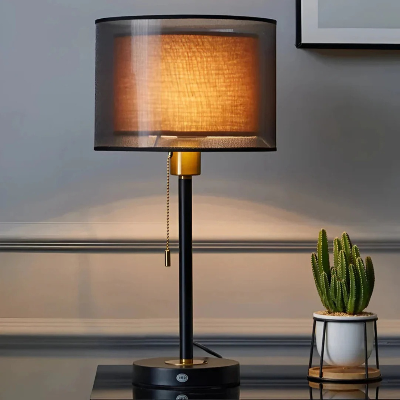 Vintage table lamp with double fabric shade and warm diffused light
