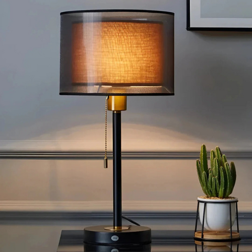 Vintage table lamp with double fabric shade and warm diffused light
