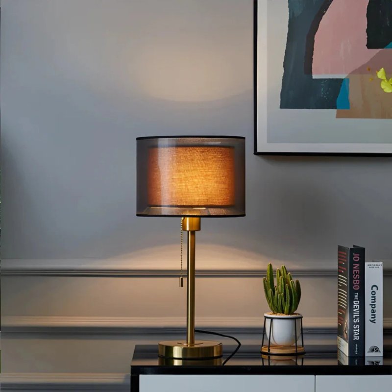 Vintage table lamp with double fabric shade and warm diffused light