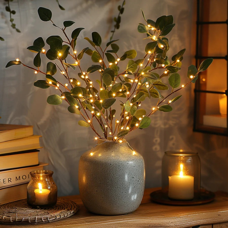 Olive branch fairy lights with warm white LED glow and lifelike adjustable stems