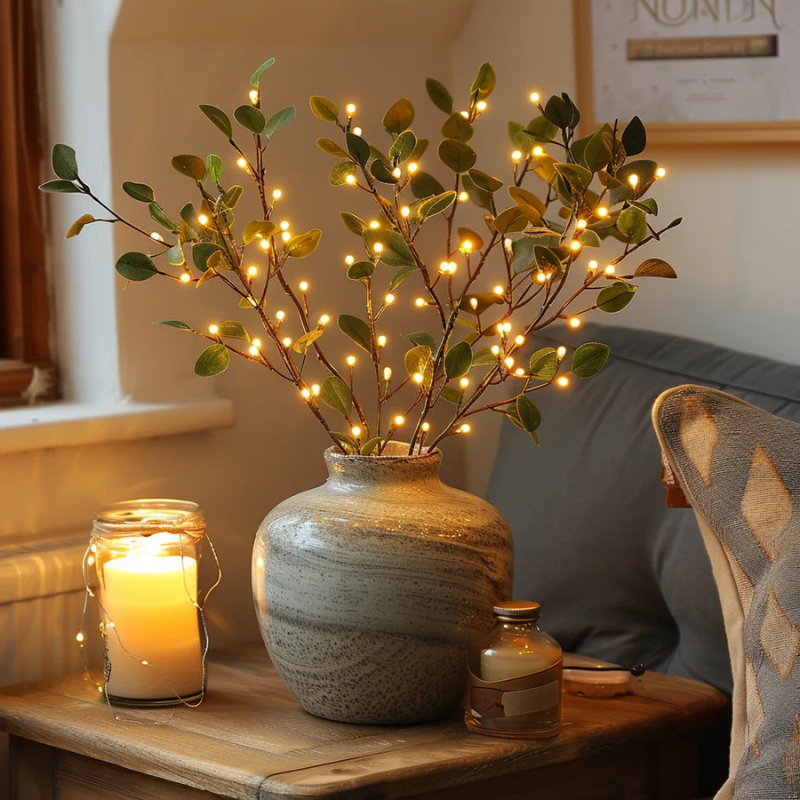 Olive branch fairy lights with warm white LED glow and lifelike adjustable stems