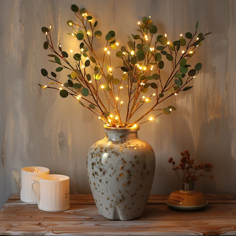 Olive branch fairy lights with warm white LED glow and lifelike adjustable stems