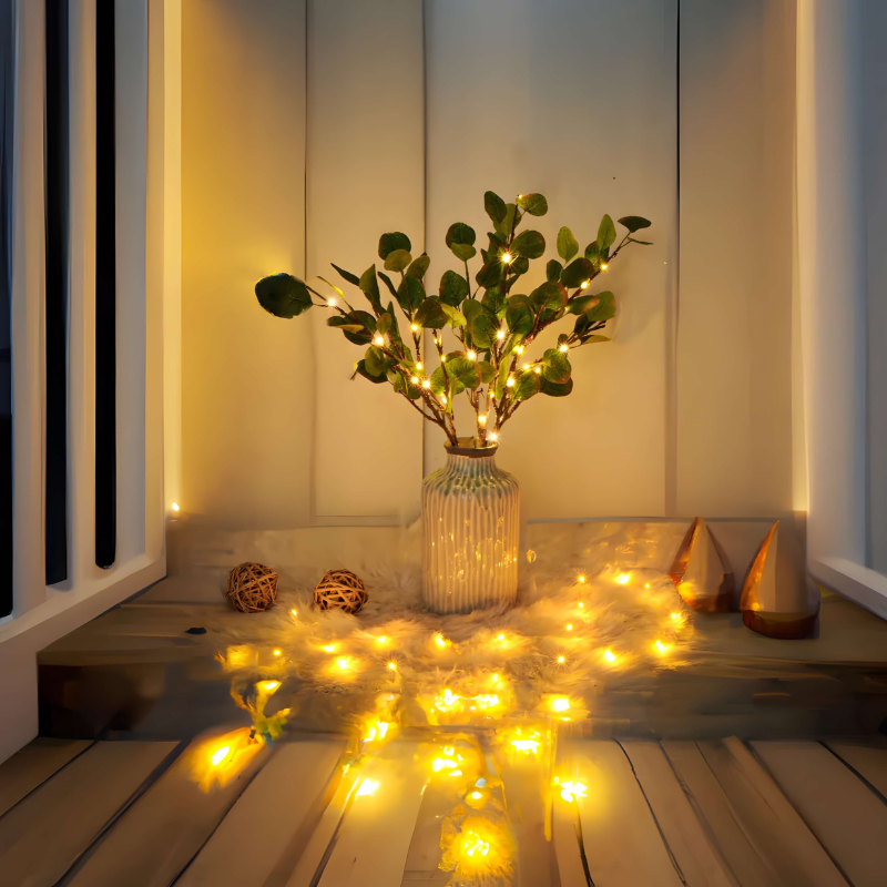Olive branch fairy lights with warm white LED glow and lifelike adjustable stems