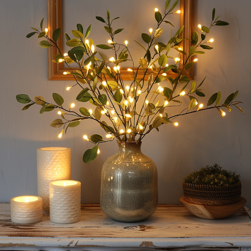 Olive branch fairy lights with warm white LED glow and lifelike adjustable stems