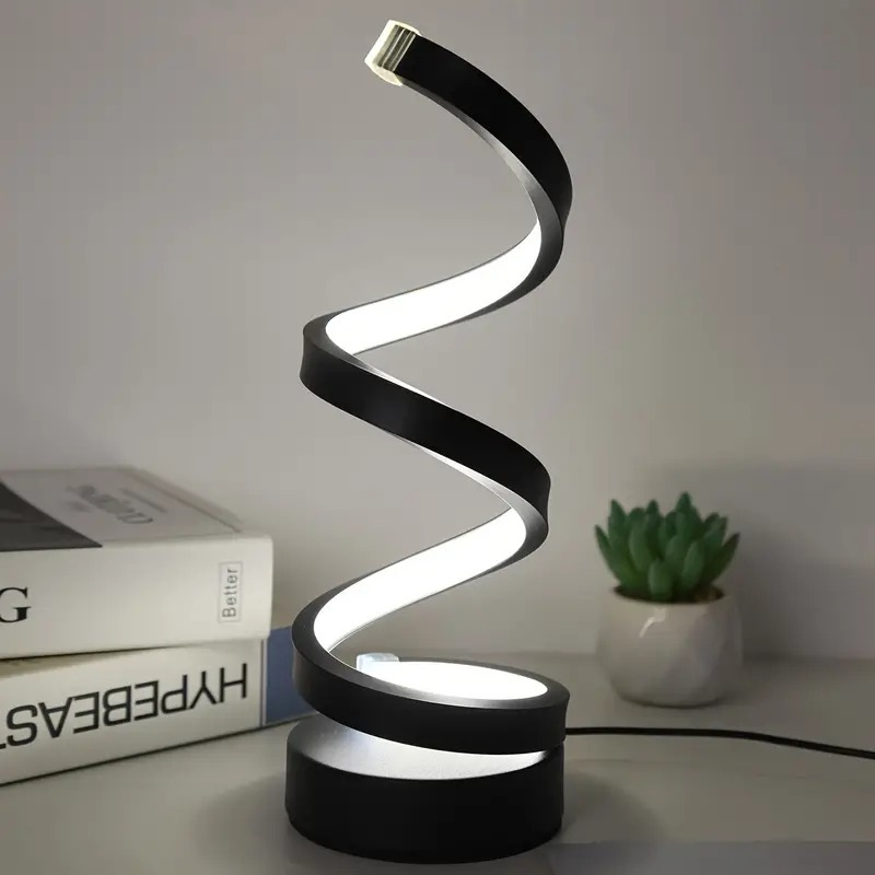 Modern spiral LED table lamp with dimmable light and touch control in a sleek twisted design