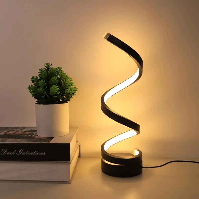 Modern spiral LED table lamp with dimmable light and touch control in a sleek twisted design
