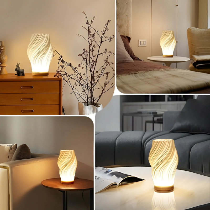 Compact sculptural LED swirl lamp with warm dimmable glow and USB power