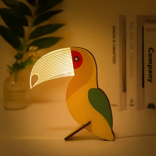 Wooden table lamp with acrylic animal design and warm white LED light