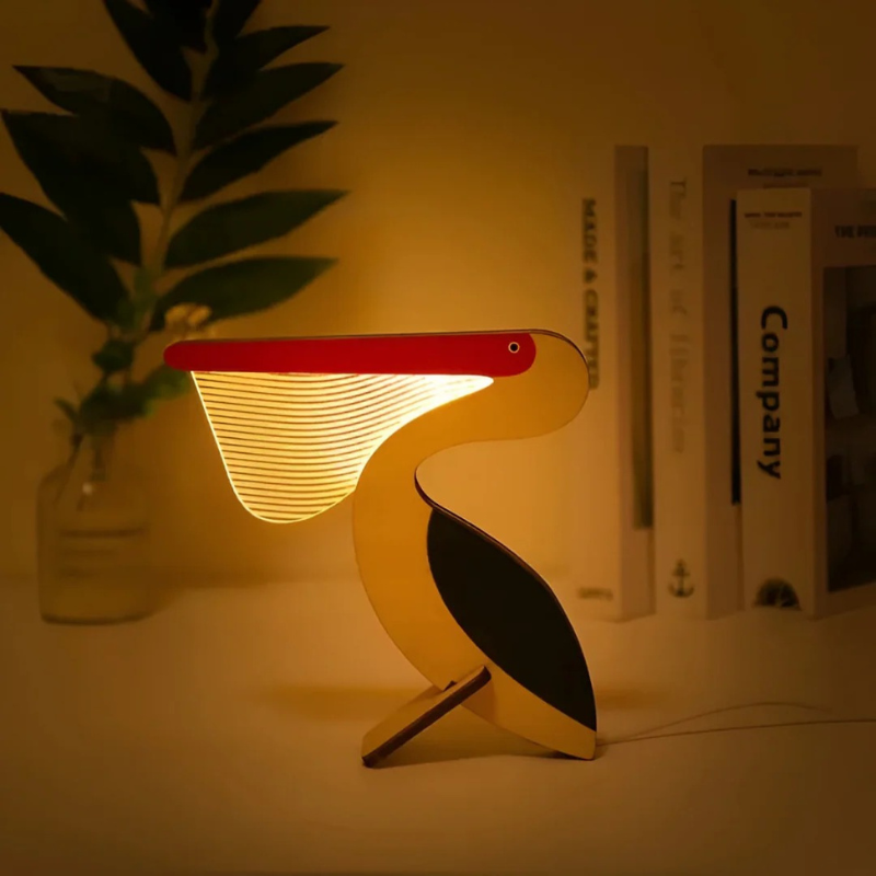 Wooden table lamp with acrylic animal design and warm white LED light