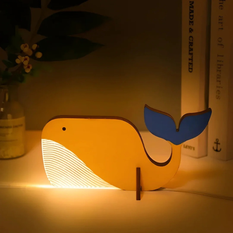 Wooden table lamp with acrylic animal design and warm white LED light