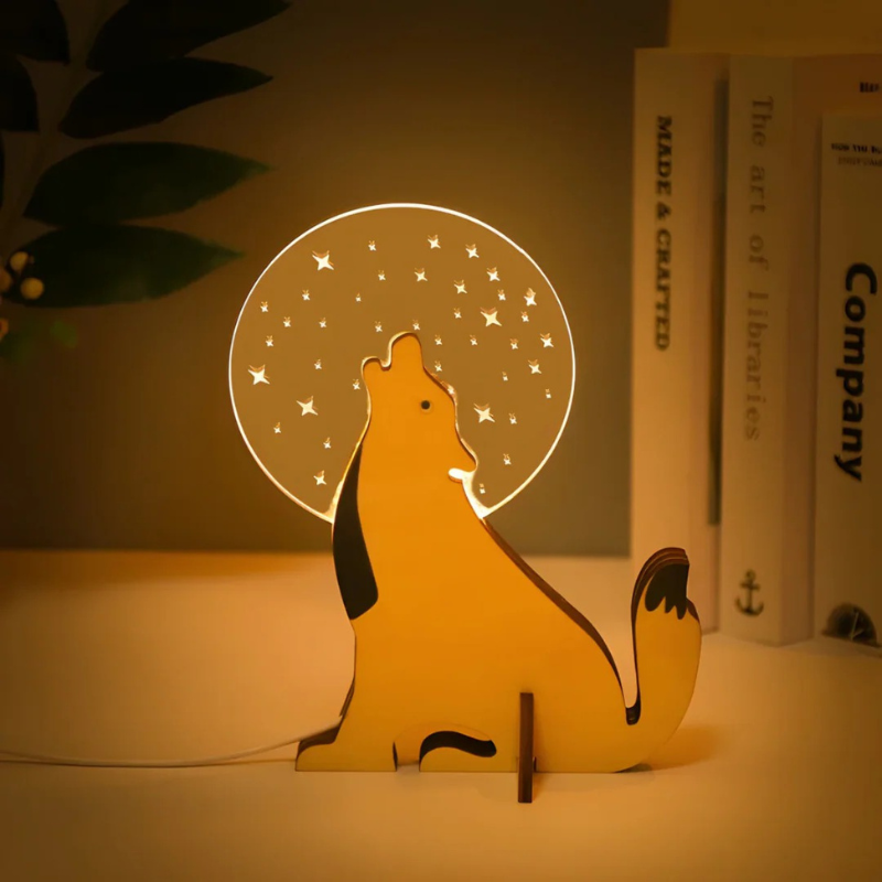 Wooden table lamp with acrylic animal design and warm white LED light