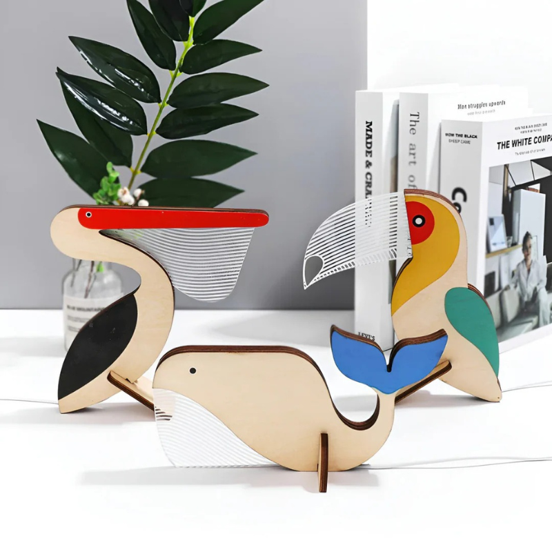 Wooden table lamp with acrylic animal design and warm white LED light